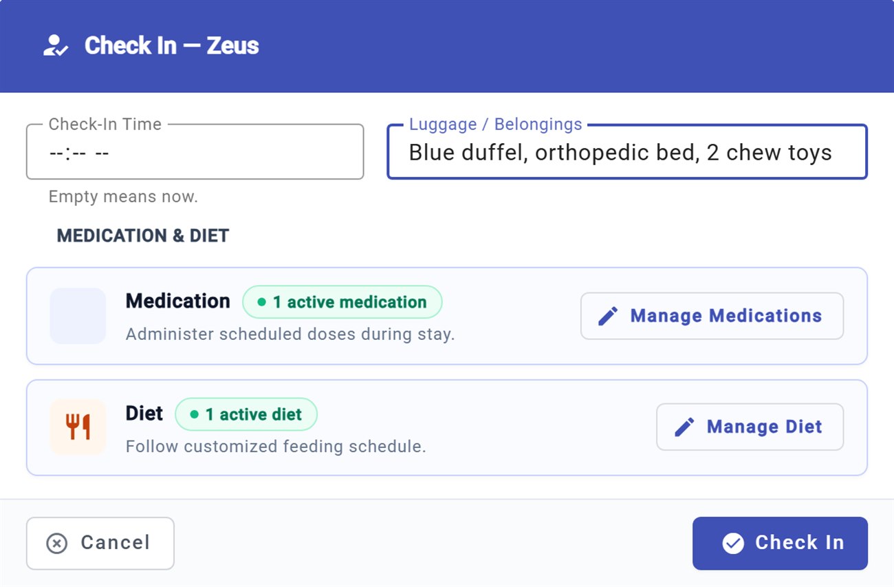 The check-in window with belongings, medication and diet