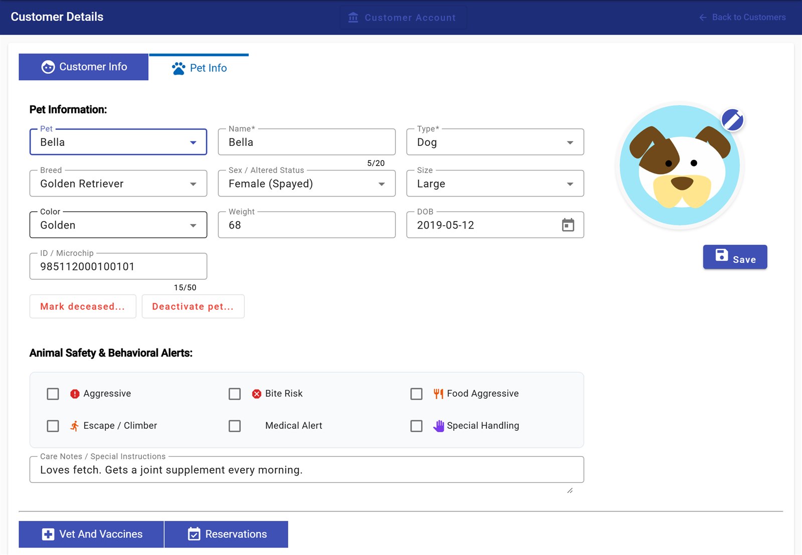 A dog's profile with behaviour alerts and care notes